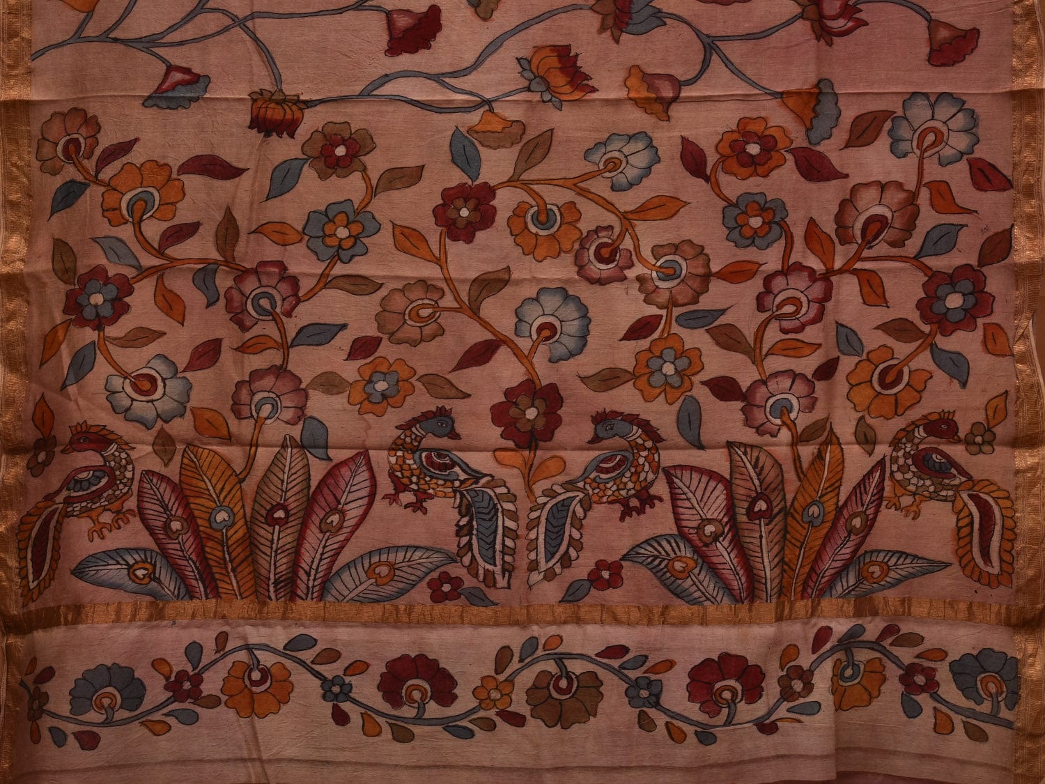 Cream Kalamkari Hand Painted Silk Muga Handloom Saree with Lotus and Birds Design - Global Threads | Swadesiicart