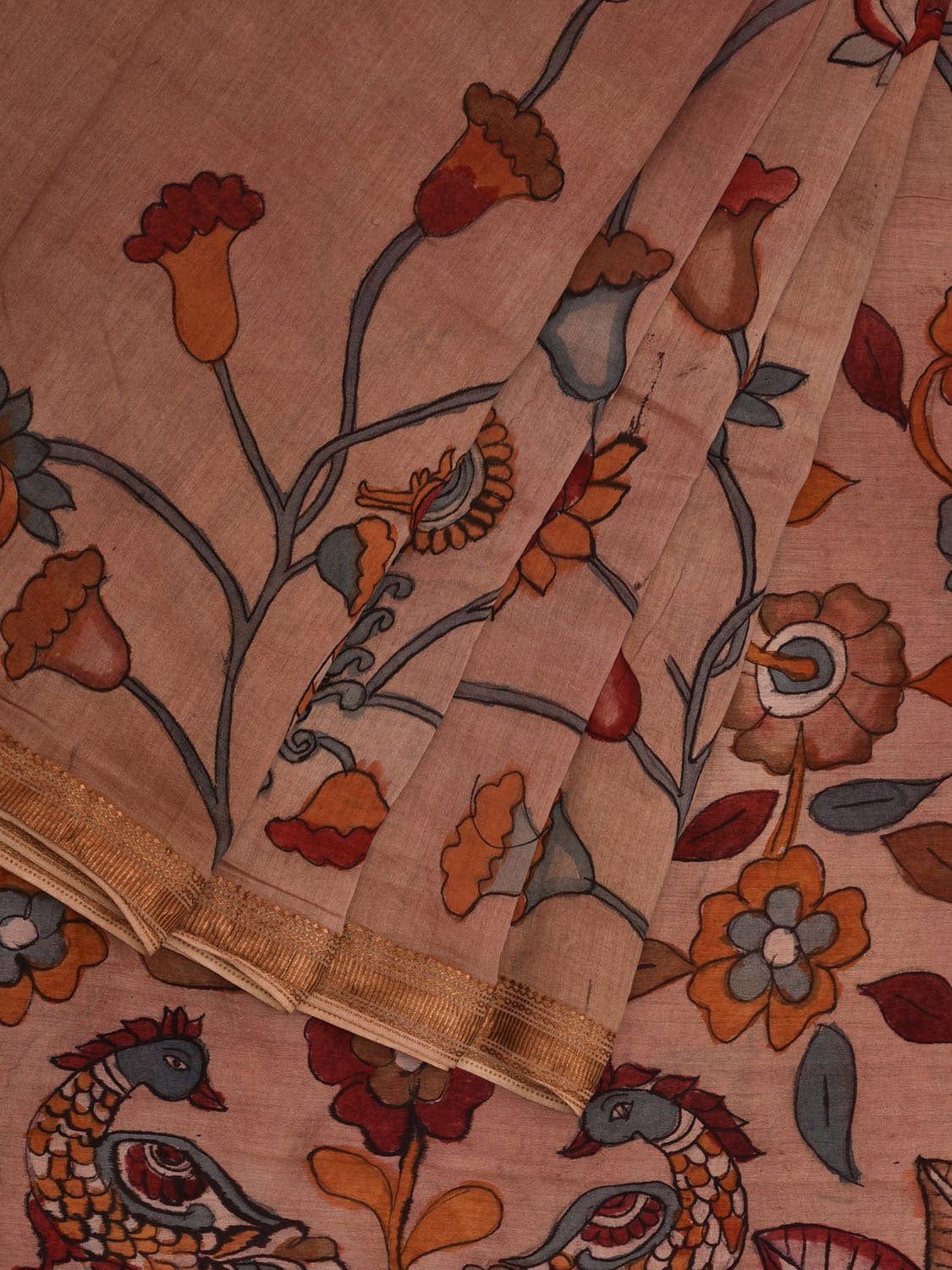 Cream Kalamkari Hand Painted Silk Muga Handloom Saree with Lotus and Birds Design - Global Threads | Swadesiicart