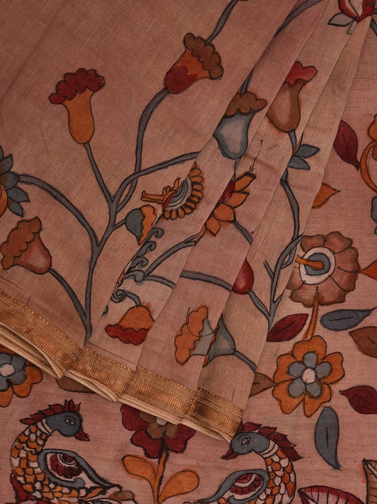 Cream Kalamkari Hand Painted Silk Muga Handloom Saree with Lotus and Birds Design - Global Threads | Swadesiicart