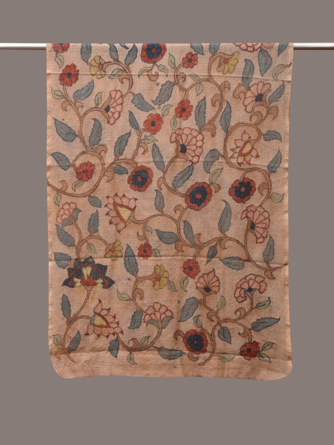 Cream Kalamkari Hand Painted Woolen Handloom Stole with Floral Design - Global Threads | Swadesiicart