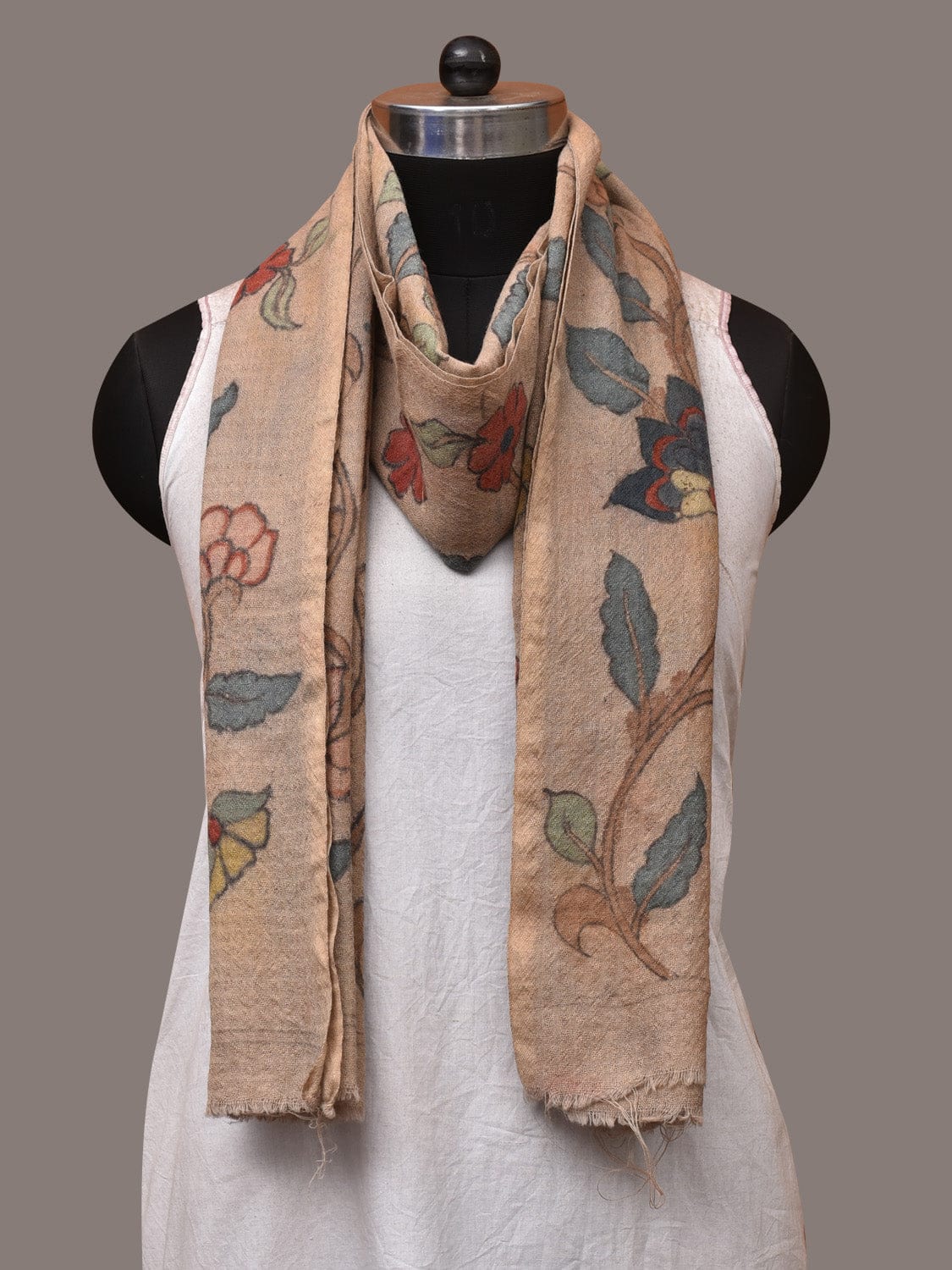 Cream Kalamkari Hand Painted Woolen Handloom Stole with Floral Design - Global Threads | Swadesiicart