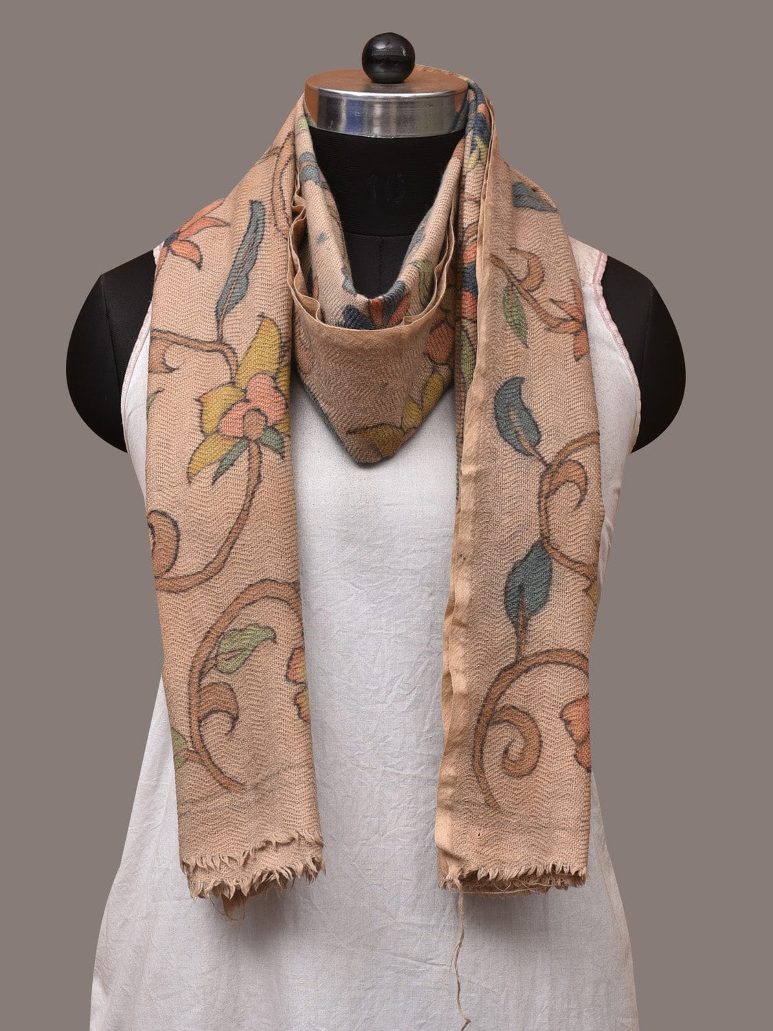 Cream Kalamkari Hand Painted Woolen Handloom Stole with Floral Design - Global Threads | Swadesiicart