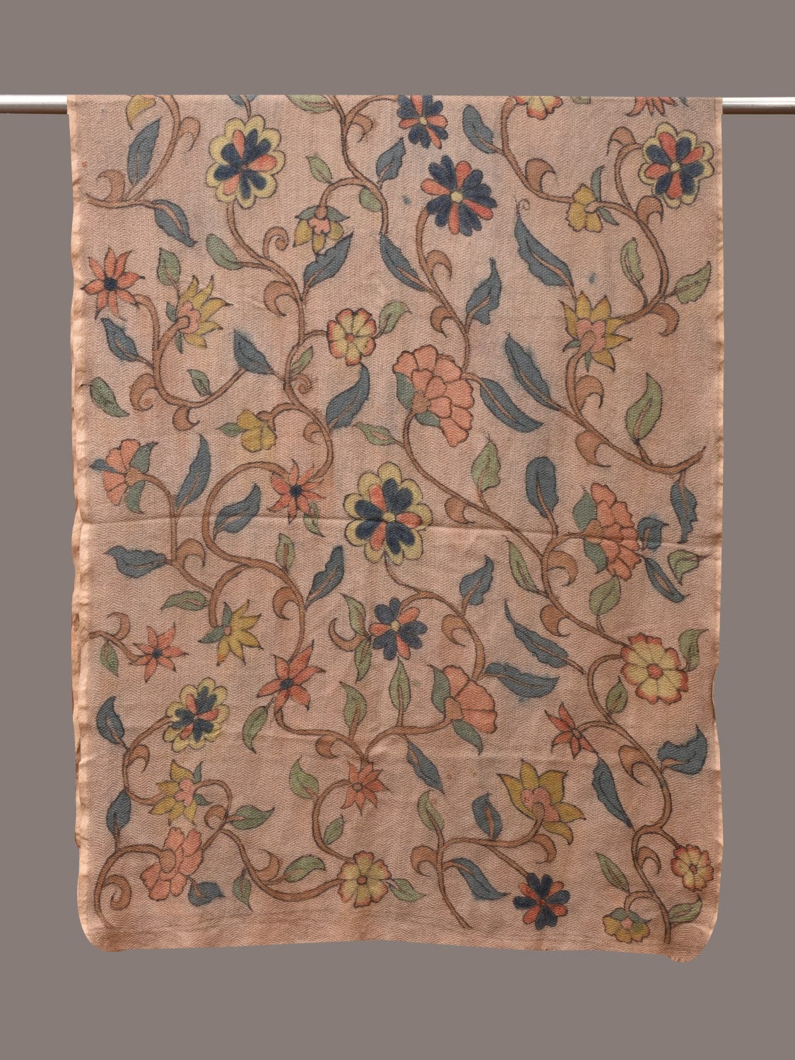 Cream Kalamkari Hand Painted Woolen Handloom Stole with Floral Design - Global Threads | Swadesiicart