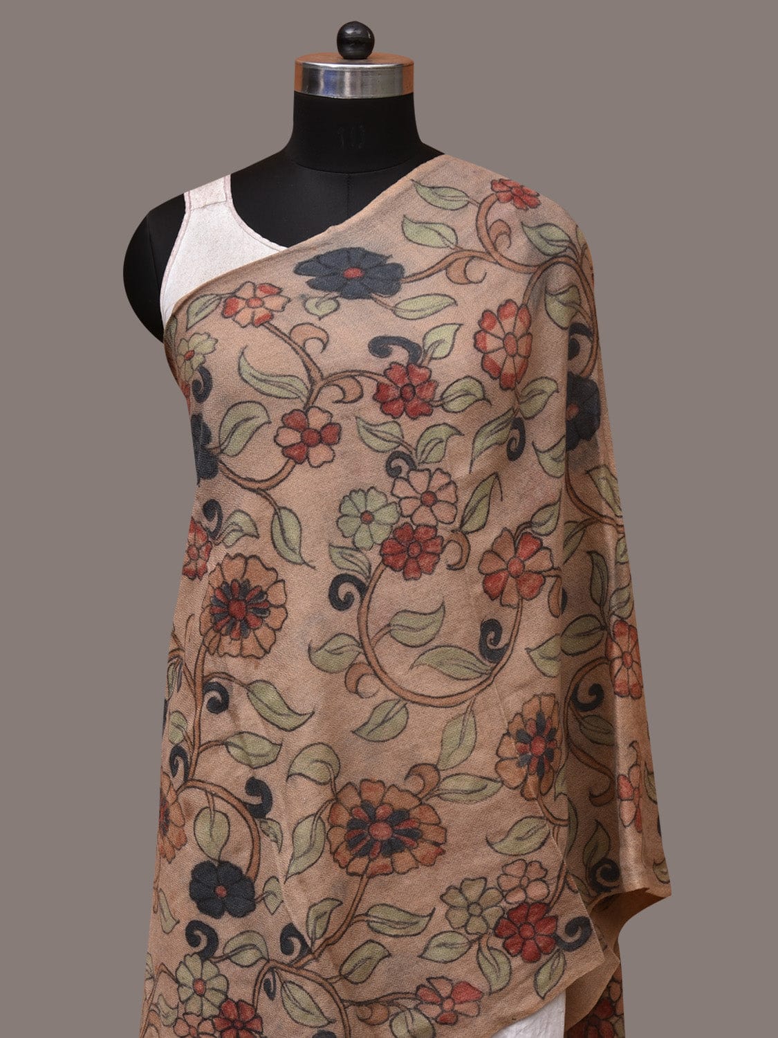 Cream Kalamkari Hand Painted Woolen Handloom Stole with Floral Design - Global Threads | Swadesiicart