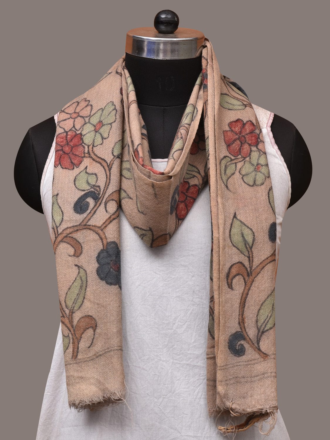 Cream Kalamkari Hand Painted Woolen Handloom Stole with Floral Design - Global Threads | Swadesiicart