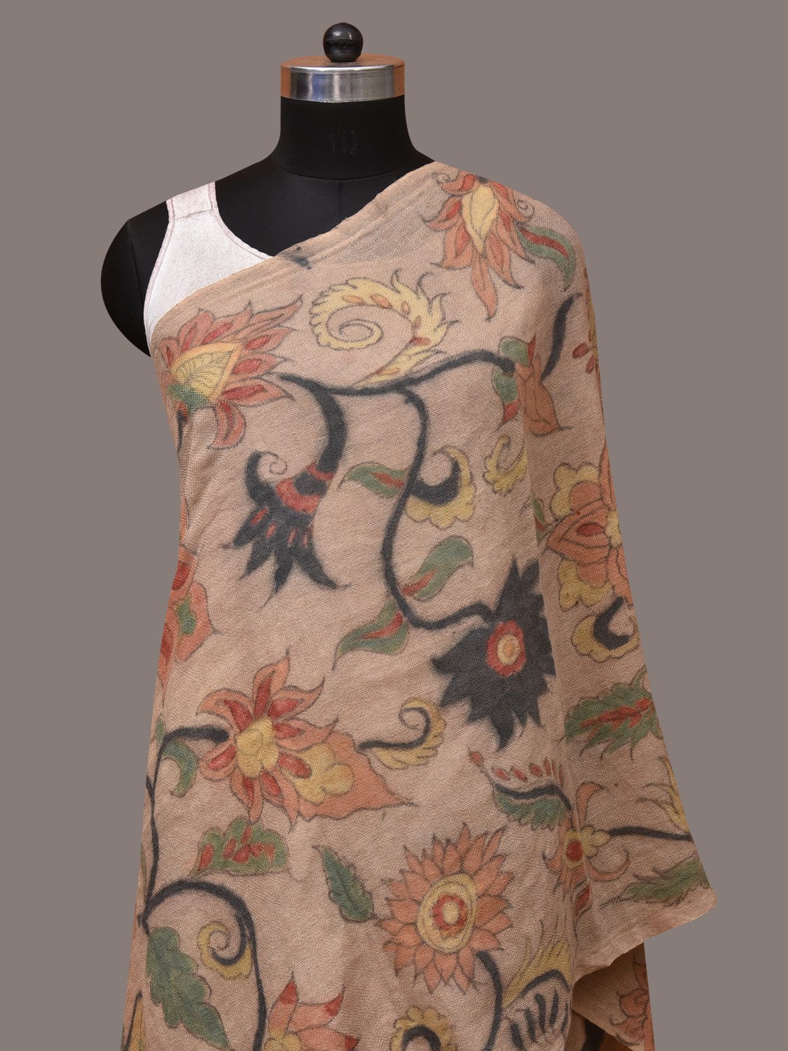 Cream Kalamkari Hand Painted Woolen Handloom Stole with Floral Design - Global Threads | Swadesiicart
