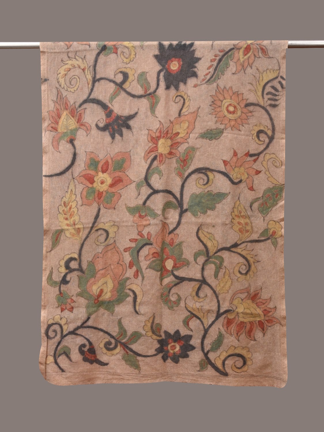 Cream Kalamkari Hand Painted Woolen Handloom Stole with Floral Design - Global Threads | Swadesiicart