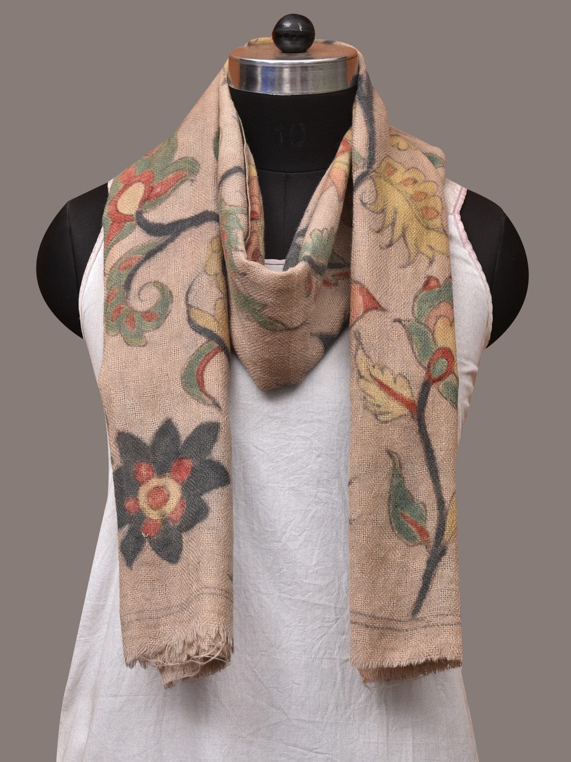 Cream Kalamkari Hand Painted Woolen Handloom Stole with Floral Design - Global Threads | Swadesiicart