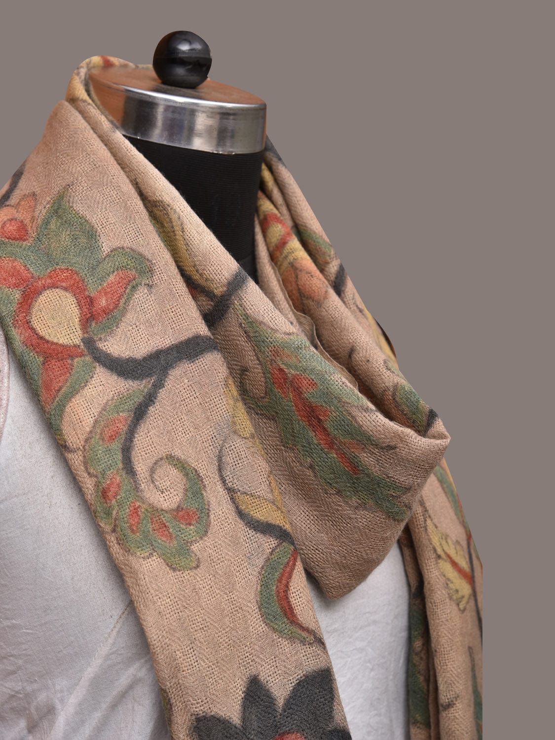 Cream Kalamkari Hand Painted Woolen Handloom Stole with Floral Design - Global Threads | Swadesiicart
