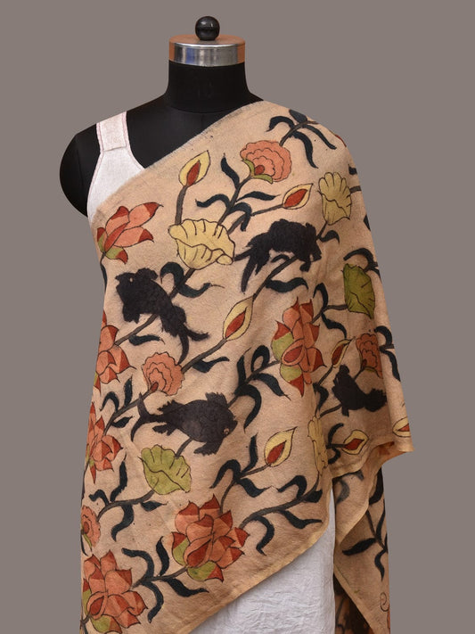 Cream Kalamkari Hand Painted Woolen Handloom Stole with Lotus and Fish Design - Global Threads | Swadesiicart