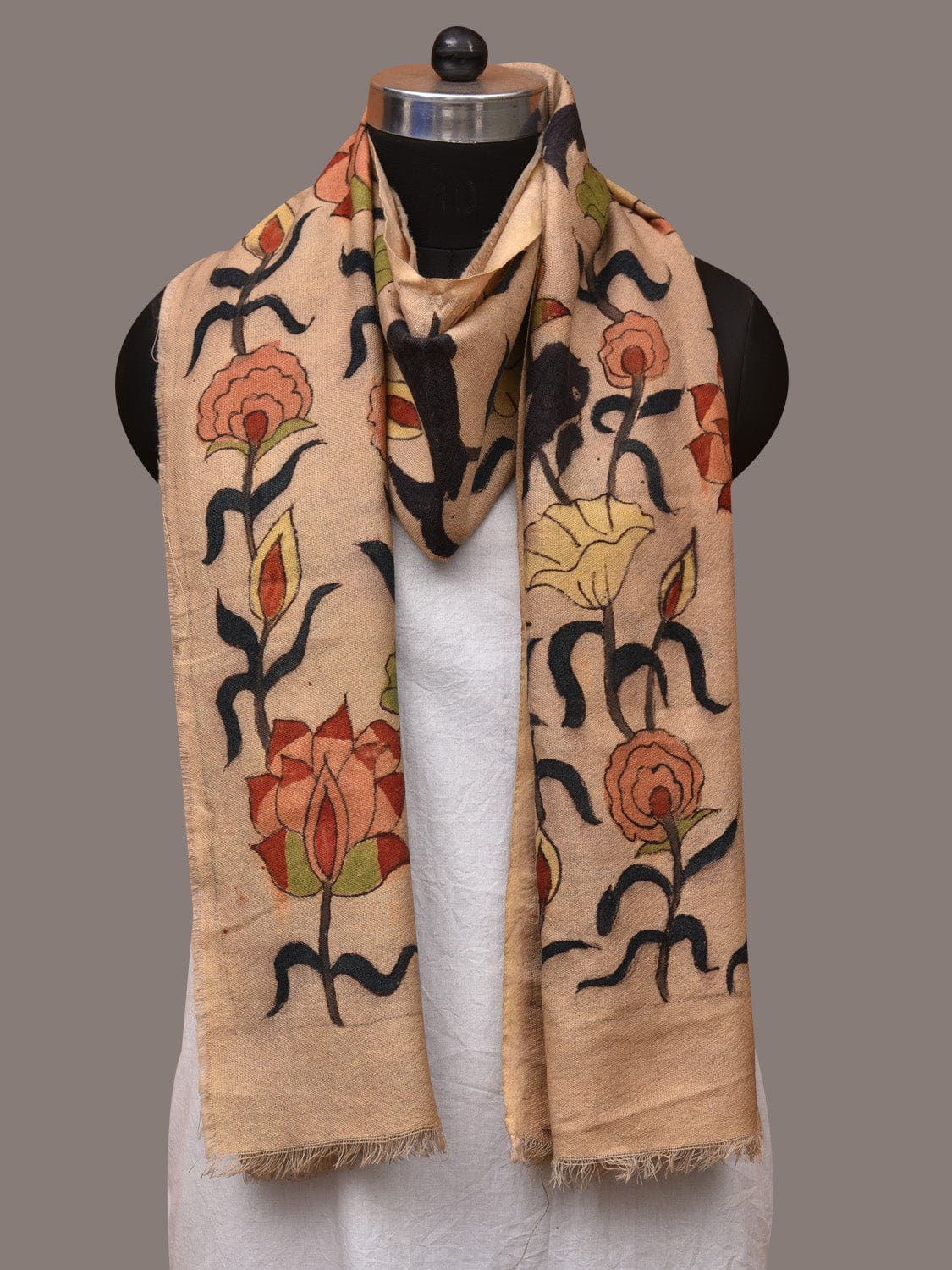 Cream Kalamkari Hand Painted Woolen Handloom Stole with Lotus and Fish Design - Global Threads | Swadesiicart