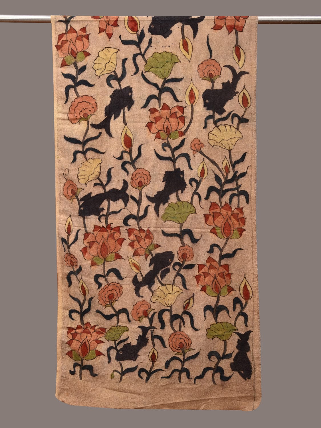 Cream Kalamkari Hand Painted Woolen Handloom Stole with Lotus and Fish Design - Global Threads | Swadesiicart