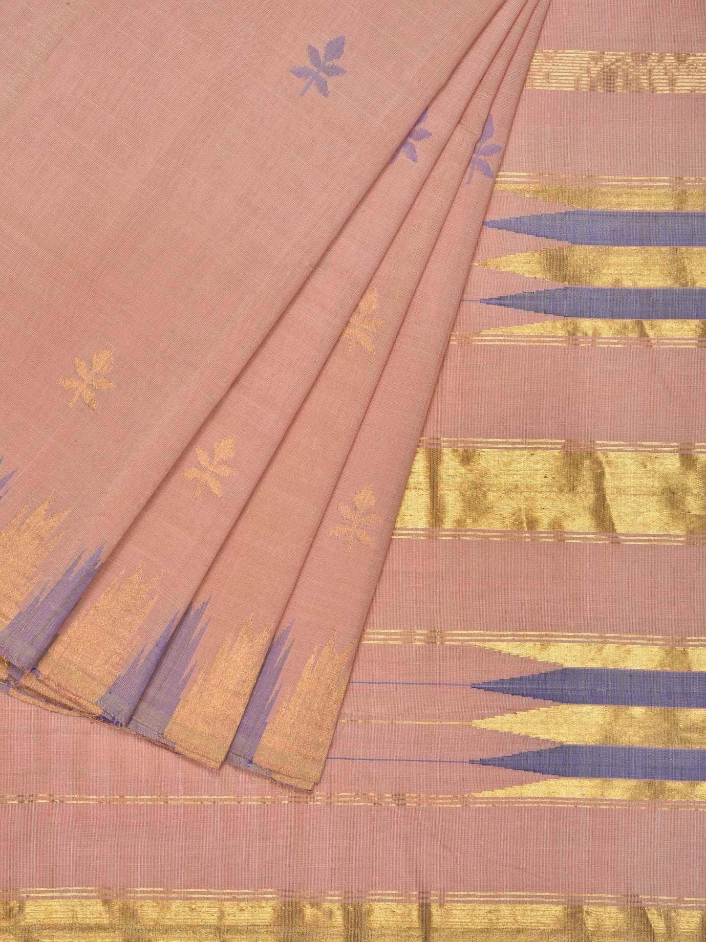 Cream Khadi Cotton Handloom Saree with Jamdani Buta and Temple Border Design - Global Threads | Swadesiicart