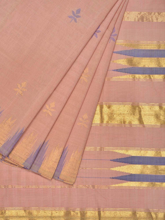 Cream Khadi Cotton Handloom Saree with Jamdani Buta and Temple Border Design - Global Threads | Swadesiicart