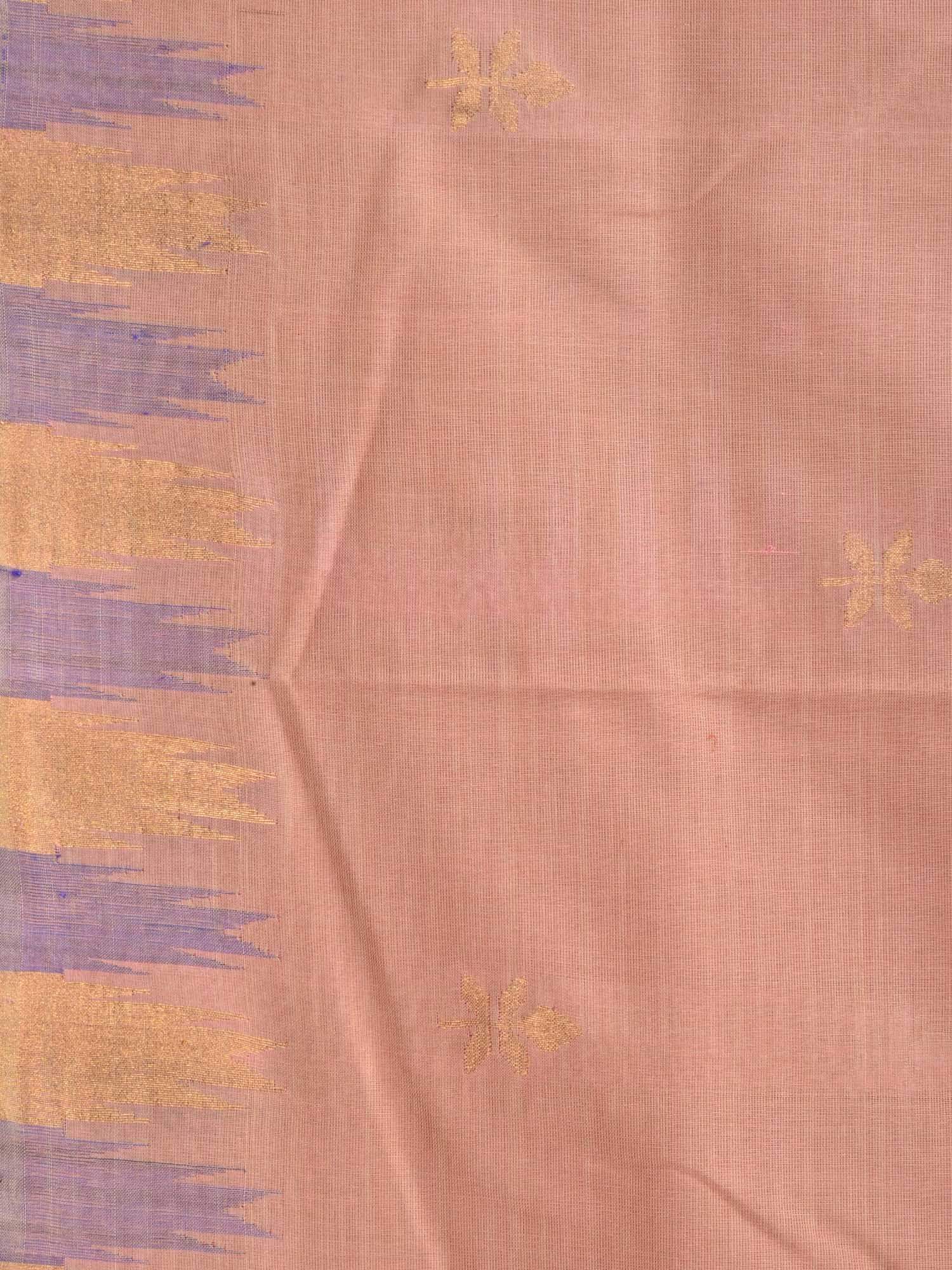 Cream Khadi Cotton Handloom Saree with Jamdani Buta and Temple Border Design - Global Threads | Swadesiicart