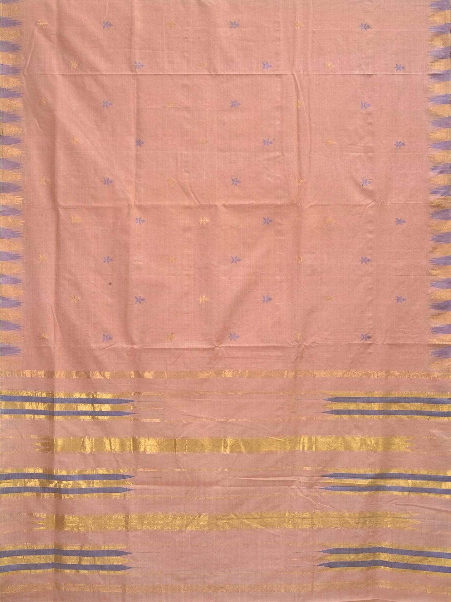 Cream Khadi Cotton Handloom Saree with Jamdani Buta and Temple Border Design - Global Threads | Swadesiicart