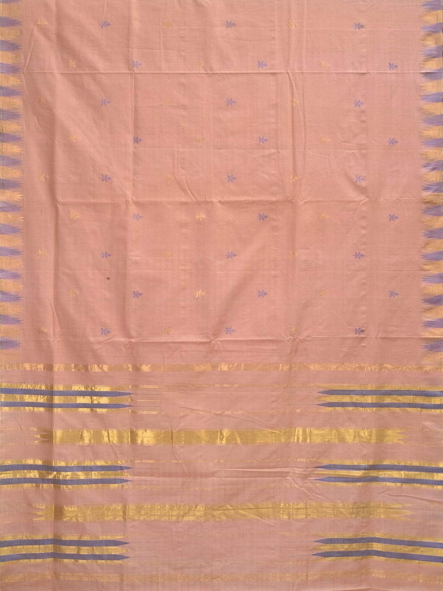 Cream Khadi Cotton Handloom Saree with Jamdani Buta and Temple Border Design - Global Threads | Swadesiicart