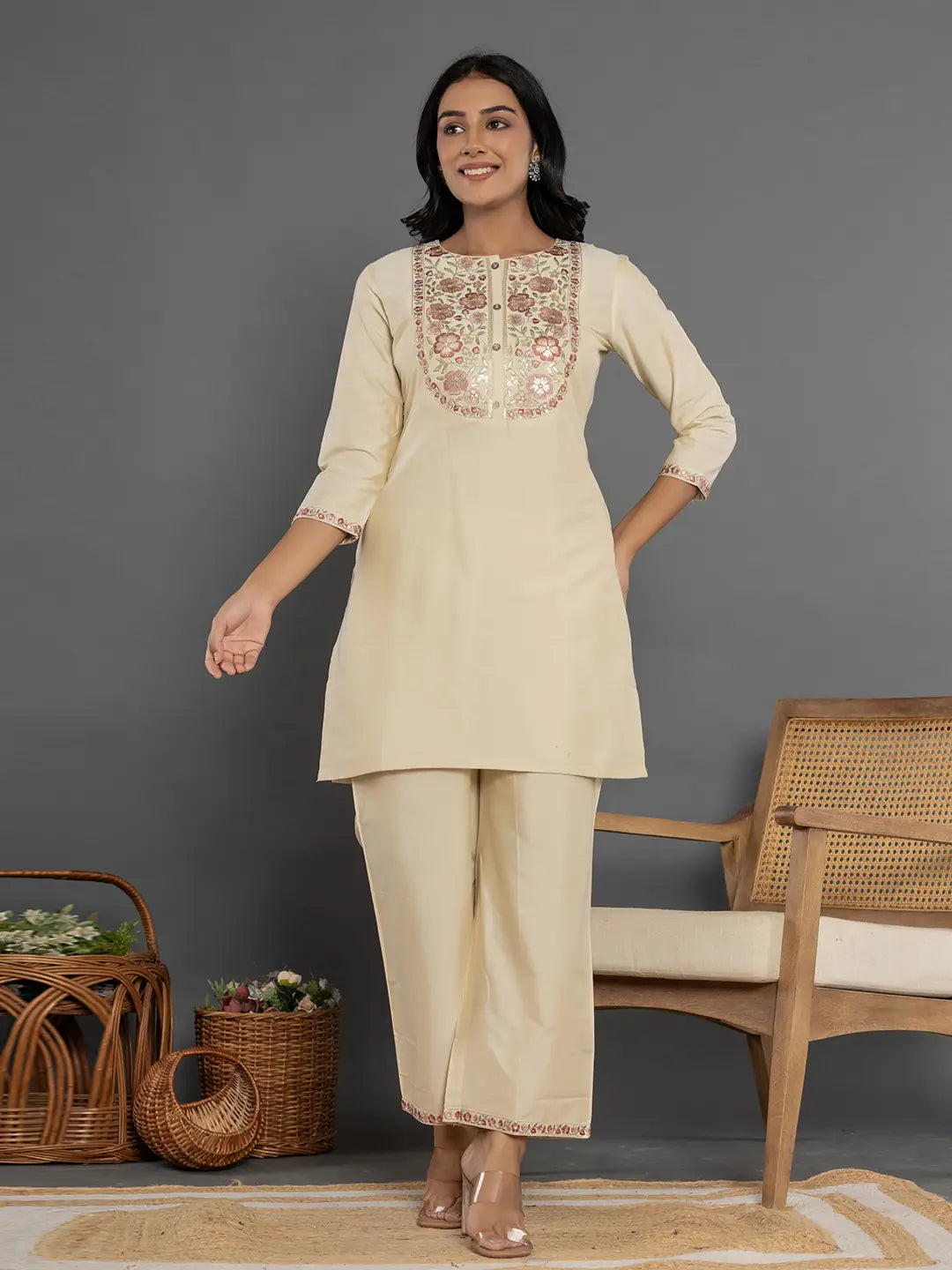 Yufta Cream Thread_Work Shirt And Trouser Silk Blend Co-Ord Set - Swadesiicart
