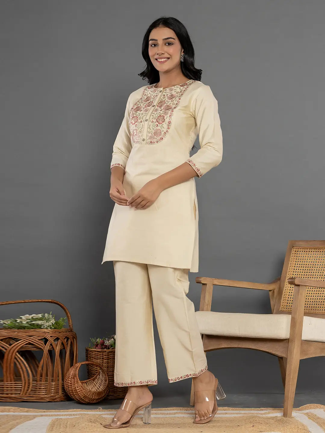 Yufta Cream Thread_Work Shirt And Trouser Silk Blend Co-Ord Set - Swadesiicart