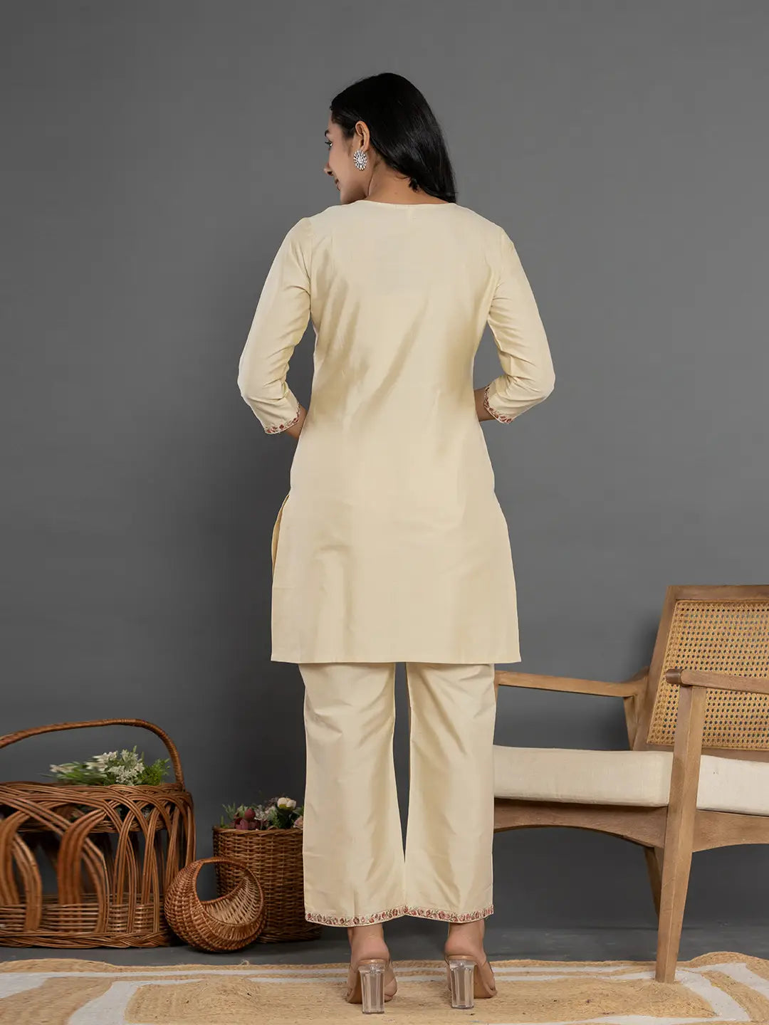Yufta Cream Thread_Work Shirt And Trouser Silk Blend Co-Ord Set - Swadesiicart