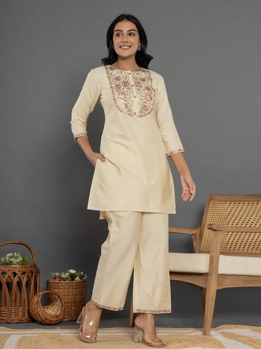 Yufta Cream Thread_Work Shirt And Trouser Silk Blend Co-Ord Set - Swadesiicart