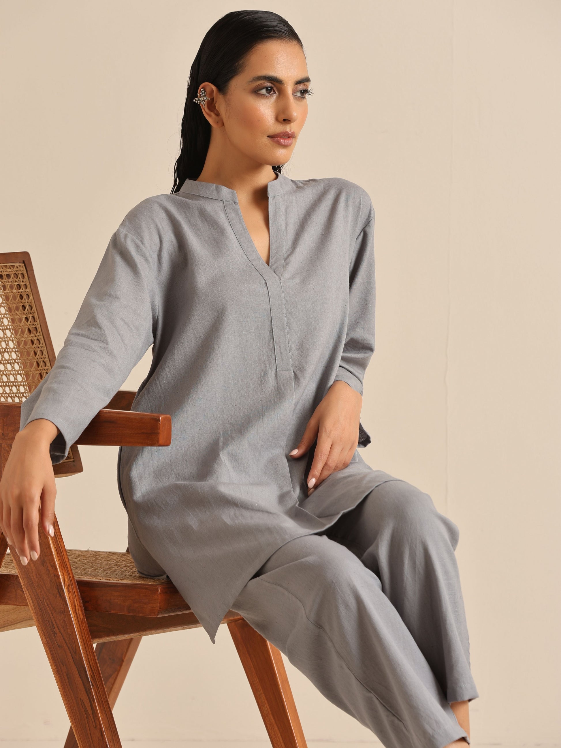 trueBrowns Steel Blue Khadi Relaxed Co-Ord Set - Swadesiicart