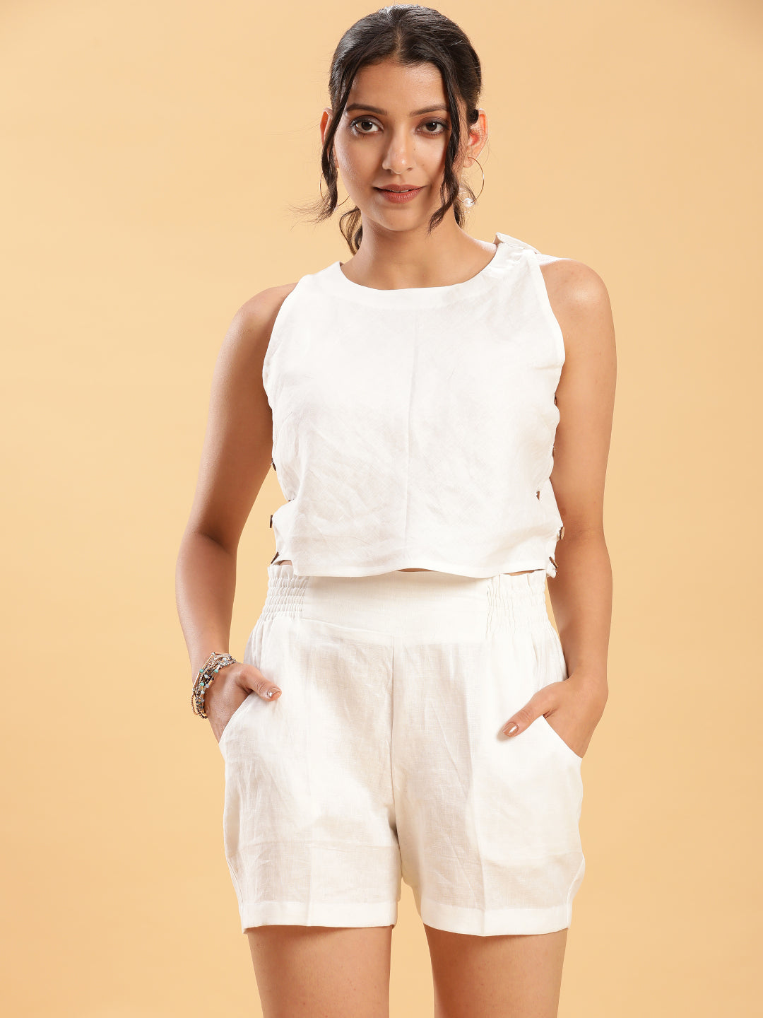BohoJazz Crop Top with Wooden Buttons and Comfort Shorts Co-ords - Swadesiicart