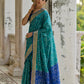 Vishnu Weaves Women's Firozi Raw Silk Thread Ikkat Woven Saree with Blouse - Swadesiicart