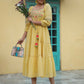 Juniper Women's Yellow Cotton Dobby Embroidered Flared Dress | Swadesiicart