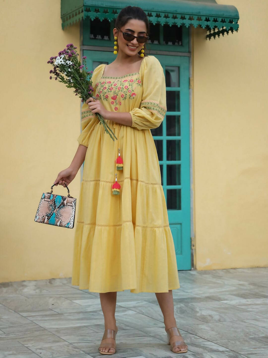 Juniper Women's Yellow Cotton Dobby Embroidered Flared Dress | Swadesiicart