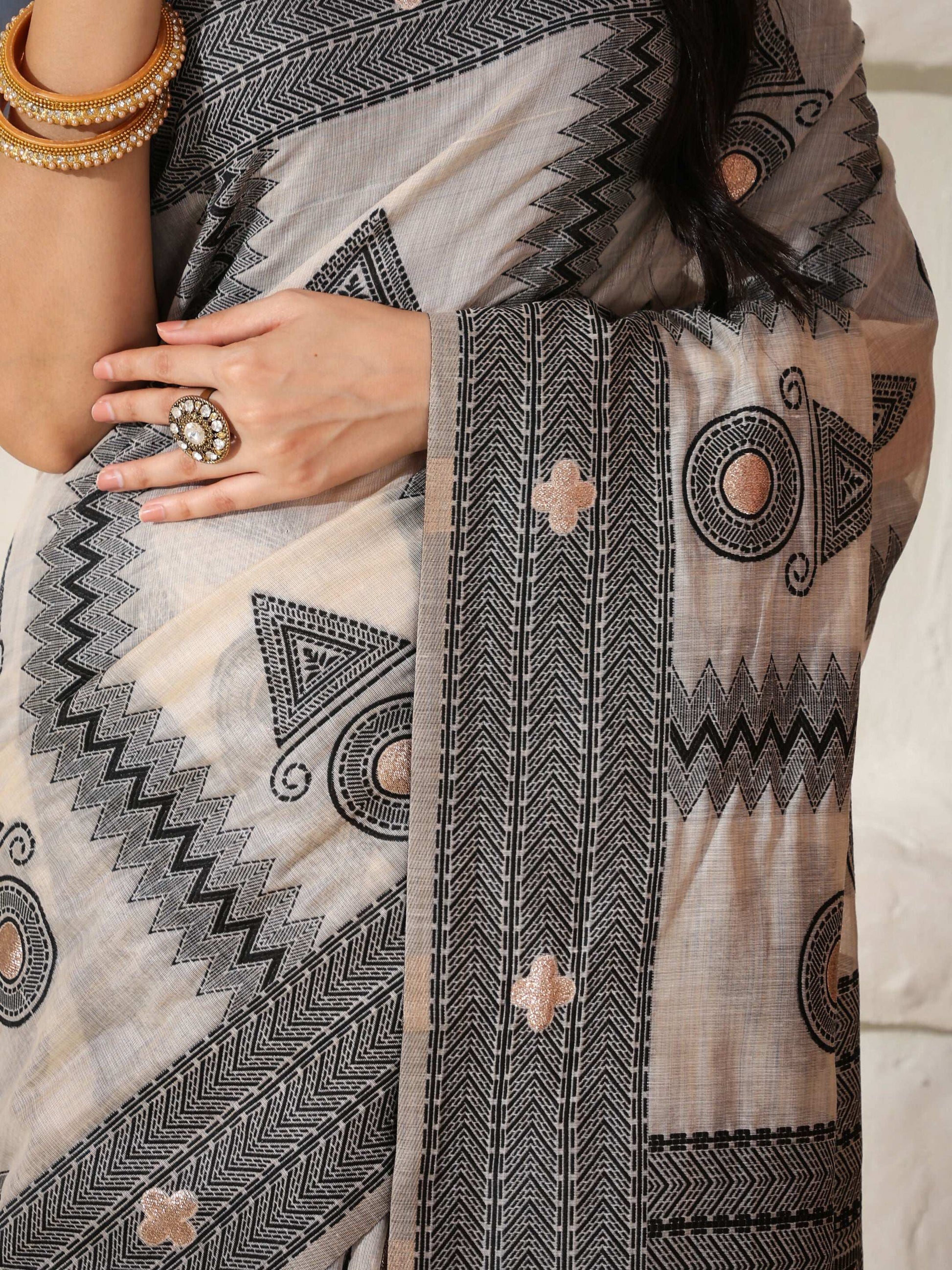 Shree Shyam Fashion Linen Cotton Black & Cream Saree