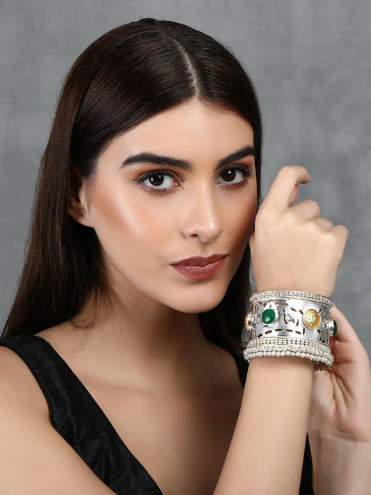 Joban Fashion Women Green Stone Silver Tone Bangle | Swadesiicart
