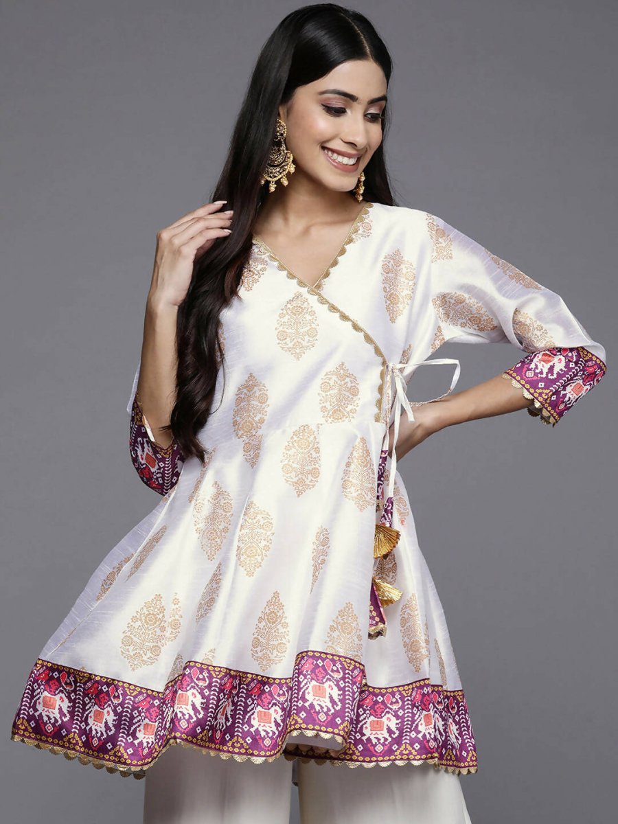 Ahalyaa Women White & Golden Ethnic Printed Tunic | Swadesiicart