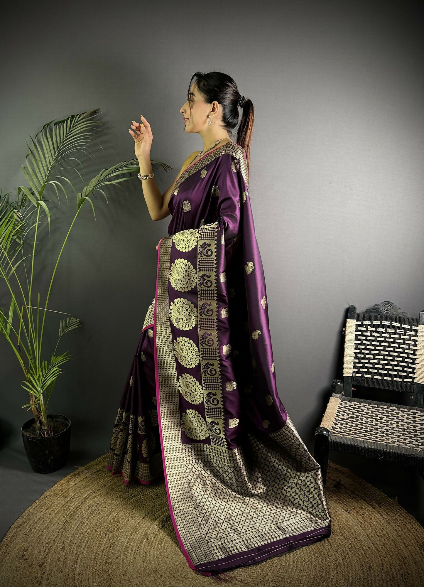 Joban Fashion Wine Banarasi Soft Lichi Silk Paisley Saree | Swadesiicart