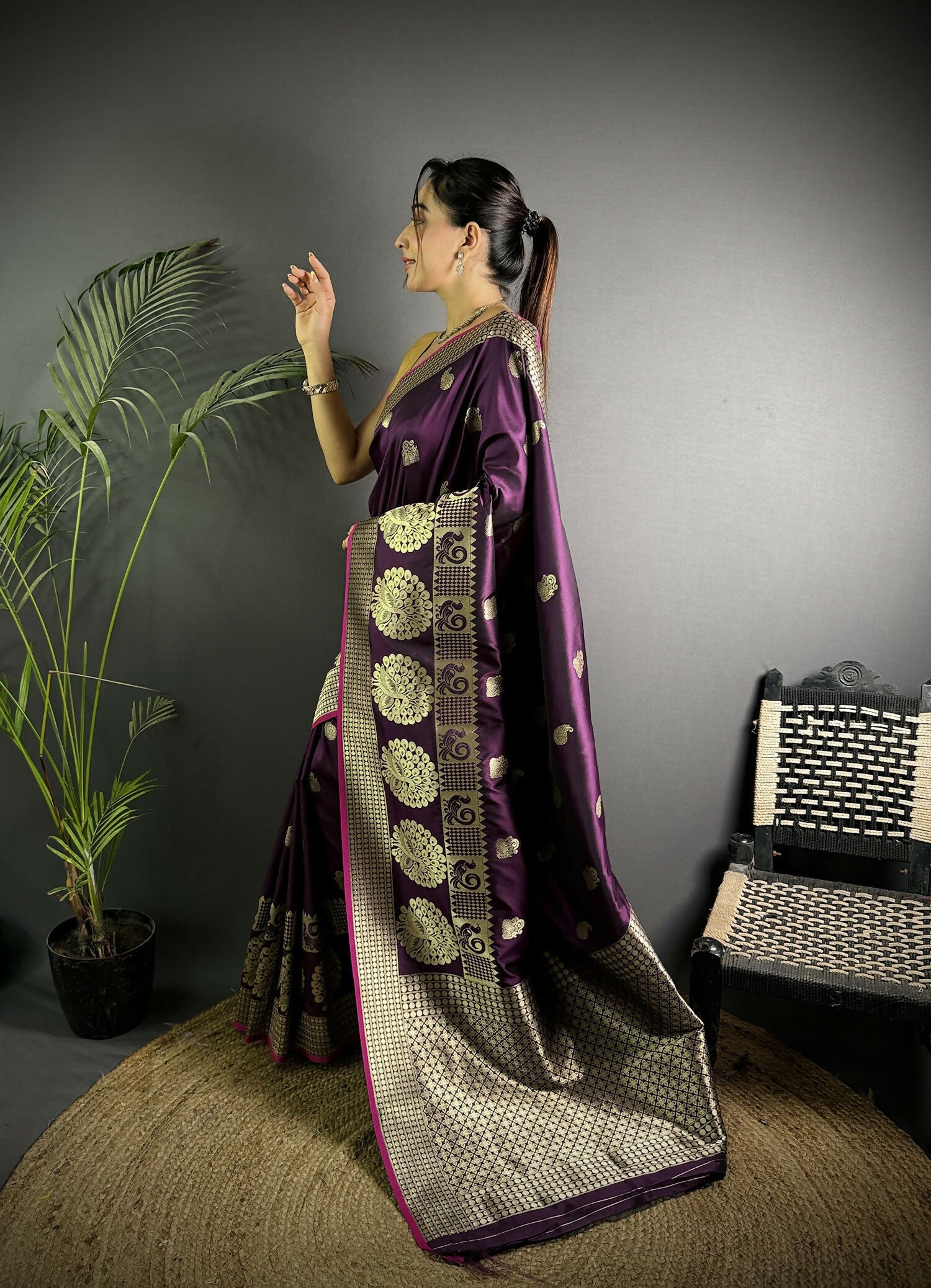 Joban Fashion Wine Banarasi Soft Lichi Silk Paisley Saree | Swadesiicart
