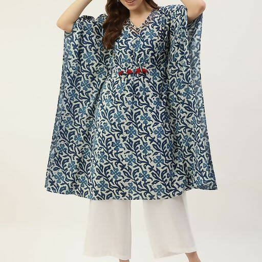 FIORRA Women's Printed Pure Cotton Kaftan Kurta - Blue - Swadesiicart