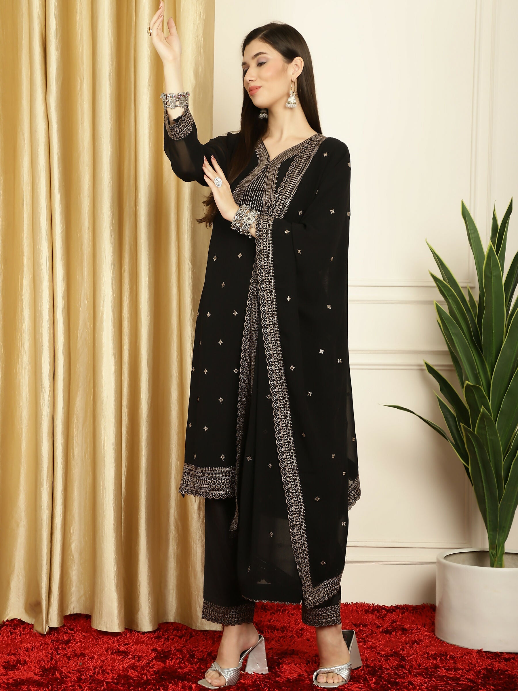 Jyoti Fashion Women's Black Georgette Resham Thread & Sequin Kurta with Trouser & Dupatta | Swadesiicart