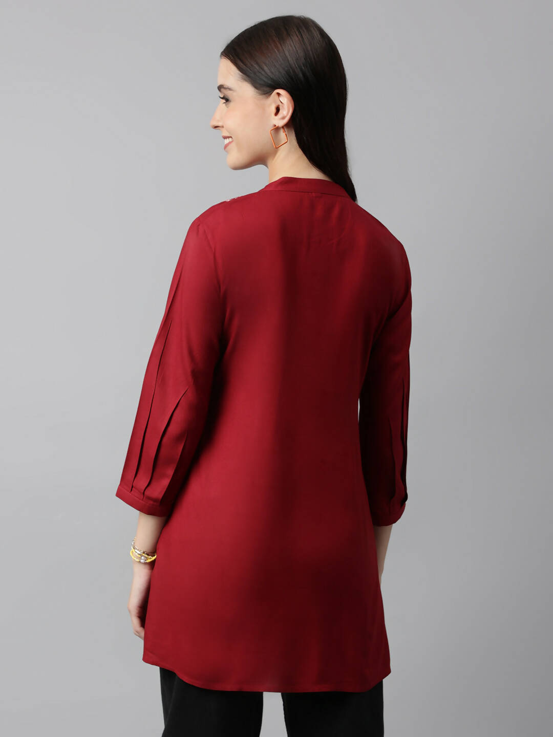 Red Rayon Yoke Embroidered A-line Top - Tarini - Swadesiicart