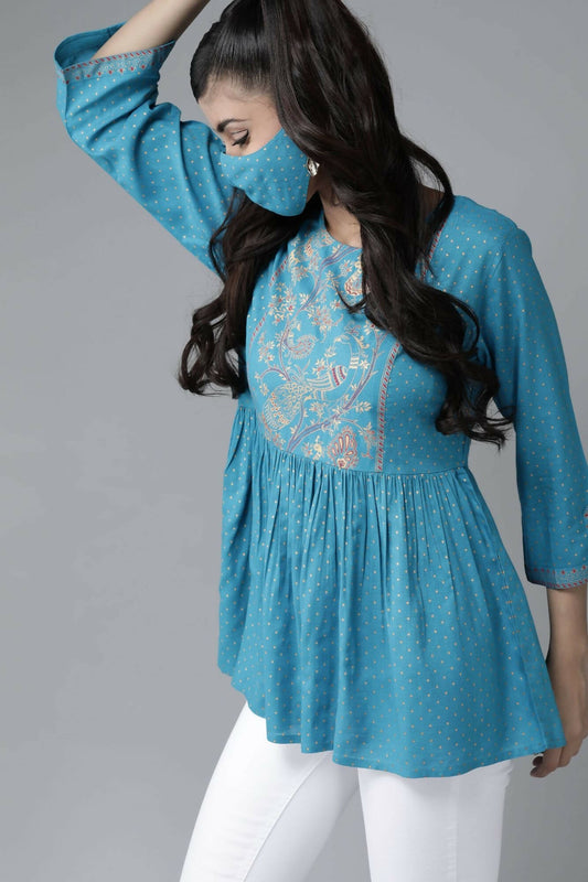 Juniper Women Skyblue Rayon Slub Polka Print Peplum Tunic | Swadesiicart