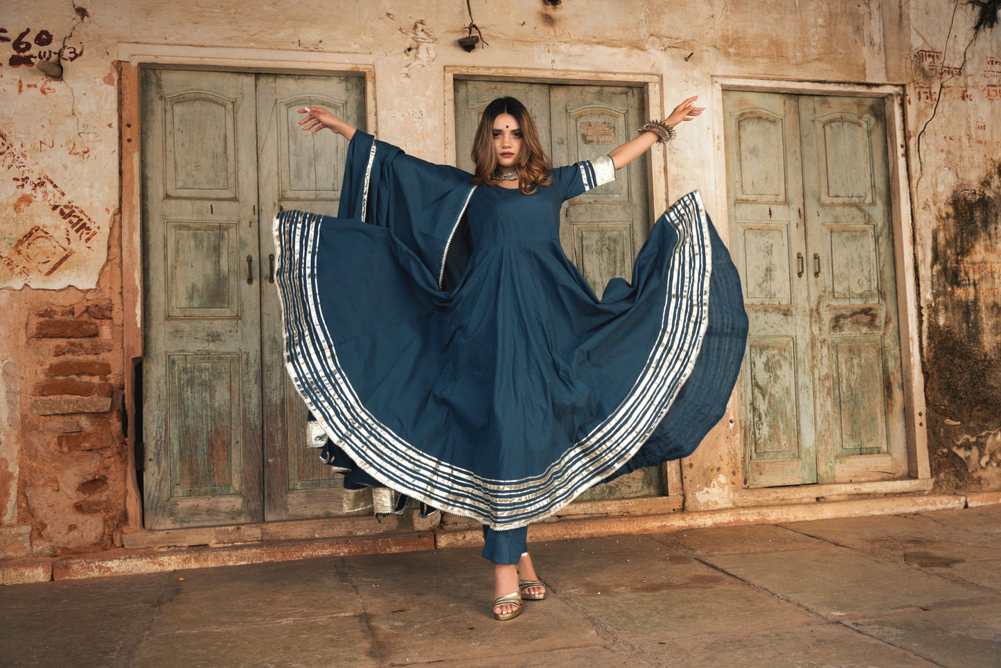 Pomcha Jaipur Berry Spary Cotton Blue Anarkali | Swadesiicart