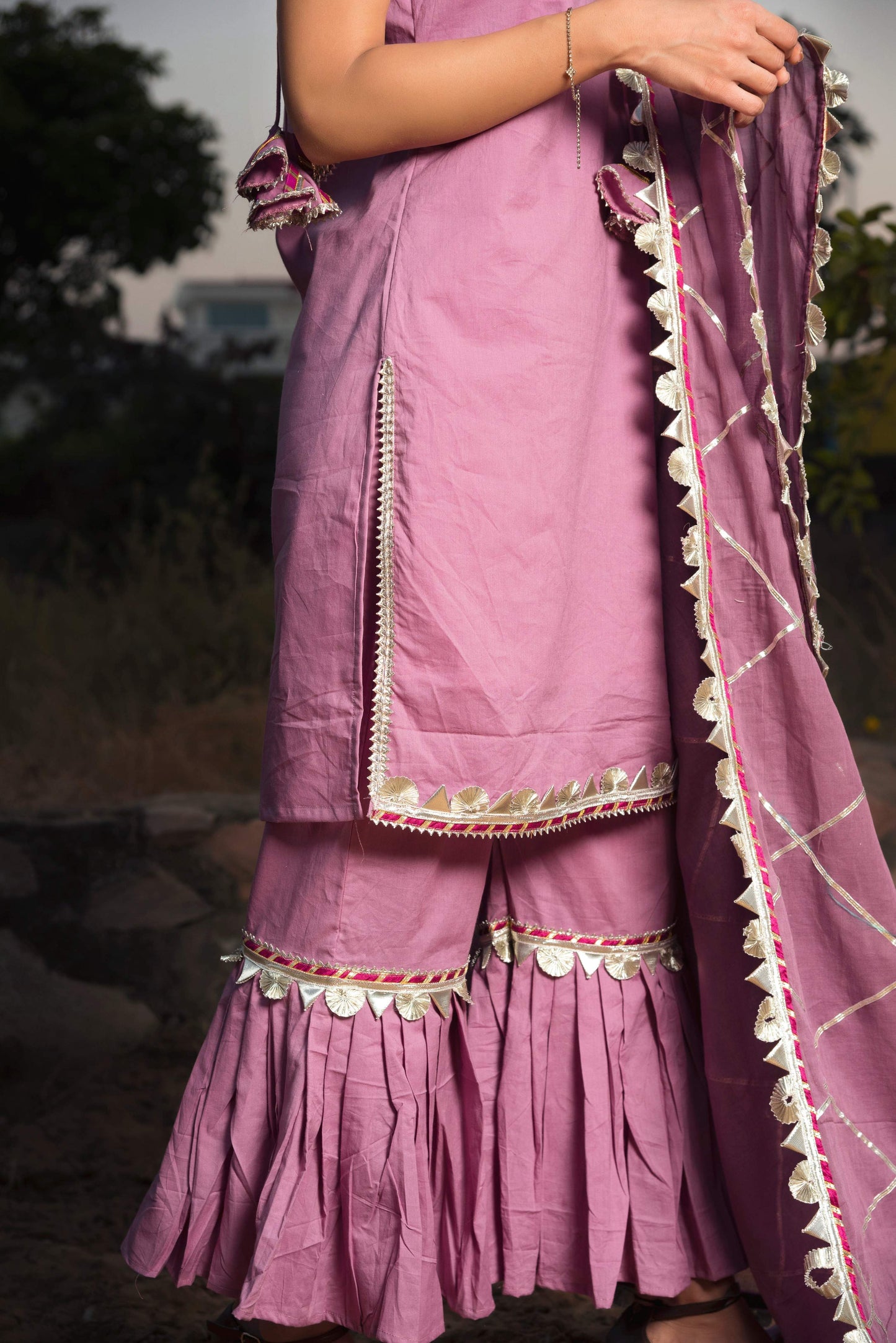 Pomcha Jaipur Gotta Jaal Purple Cotton Sharara Set | Swadesiicart