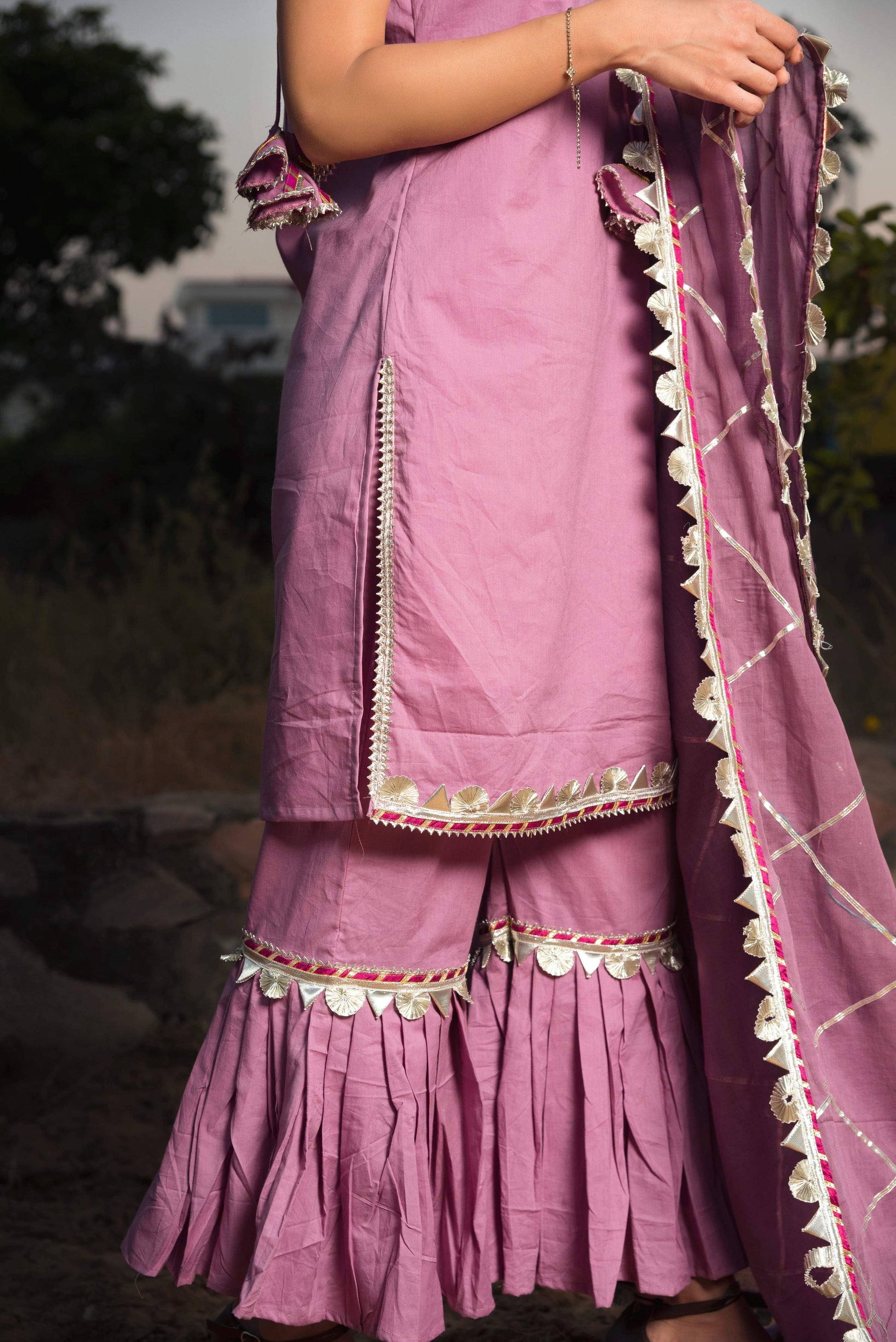 Pomcha Jaipur Gotta Jaal Purple Cotton Sharara Set | Swadesiicart