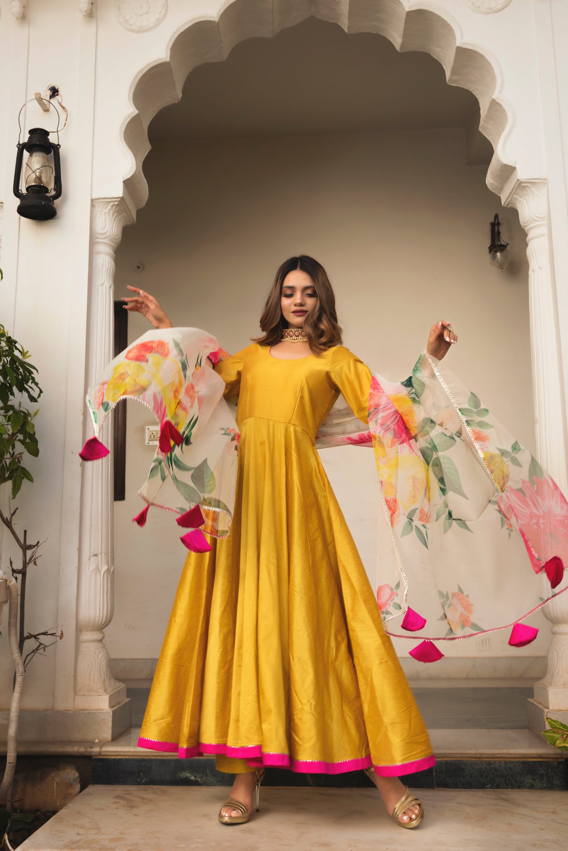 Pomcha Jaipur Sunflower Cotton Silk Yellow Anarkali | Swadesiicart