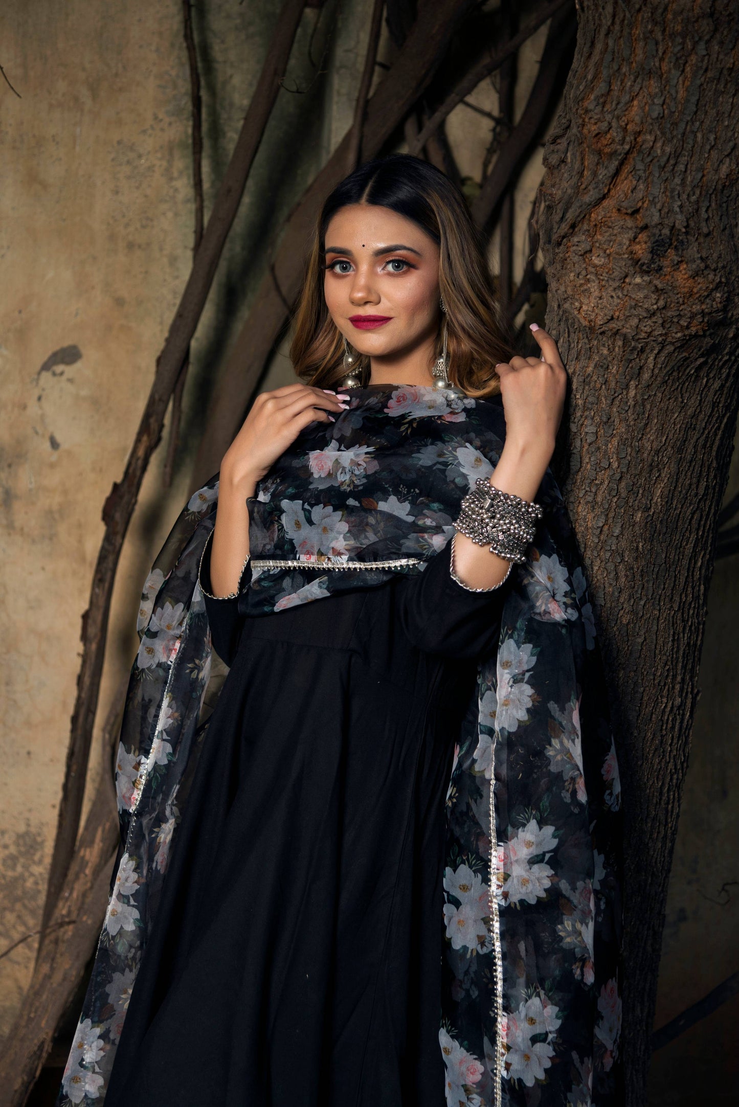 Pomcha Jaipur Tea Leaf Black Rayon Anarkali | Swadesiicart