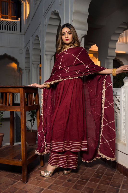 Pomcha Jaipur Gotta Jaal Maroon Cotton Anarkali | Swadesiicart