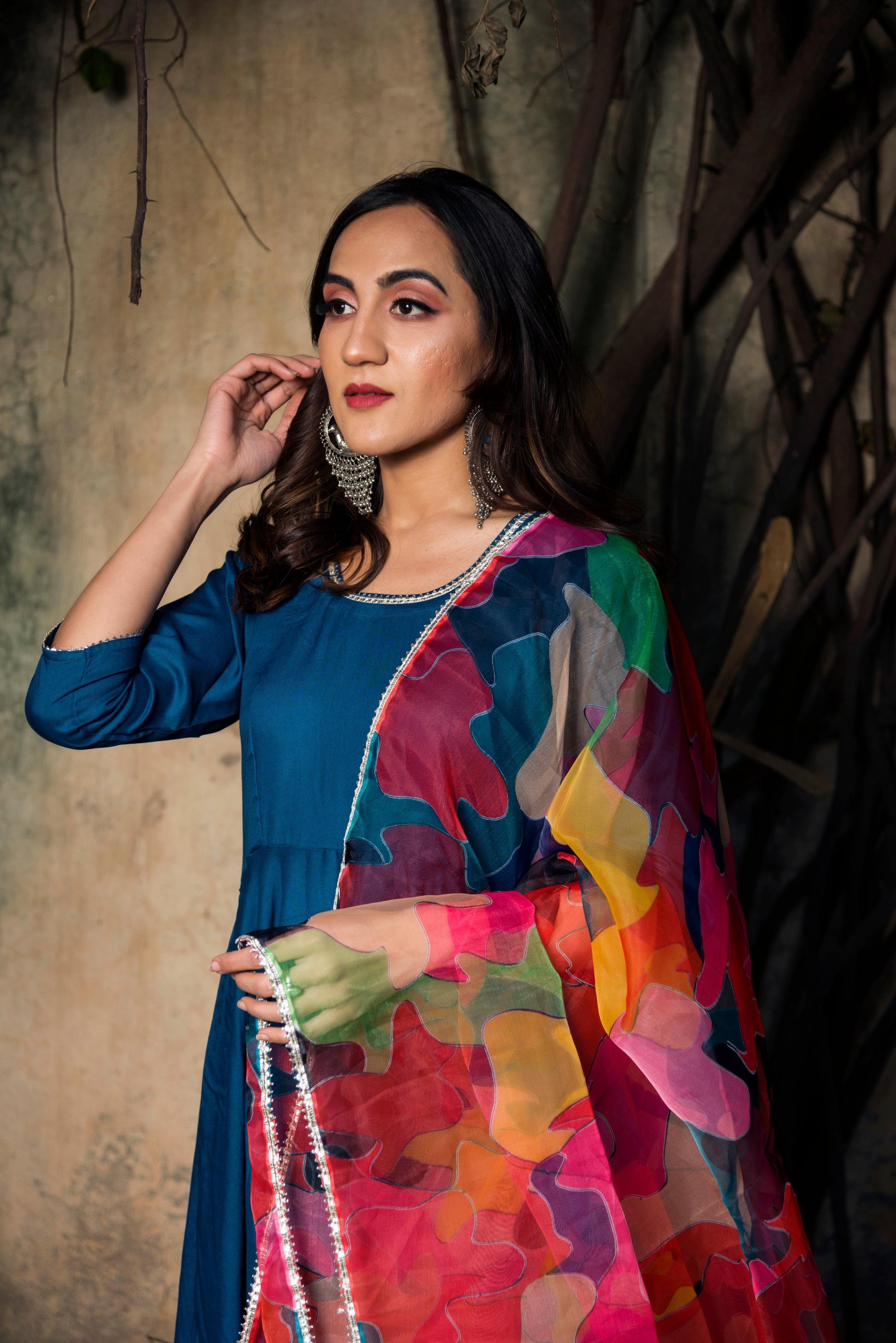 Pomcha Jaipur Lily Blue Rayon Anarkali | Swadesiicart