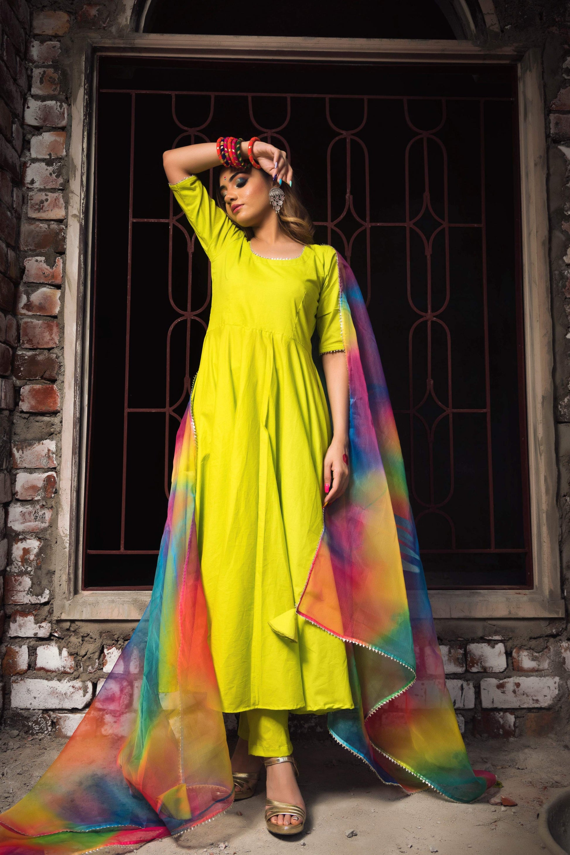 Pomcha Jaipur Gulaal Green Pure Cotton Anarkali Set | Swadesiicart