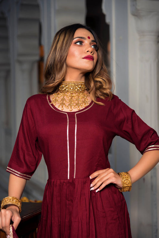 Pomcha Jaipur Gotta Jaal Maroon Cotton Anarkali | Swadesiicart