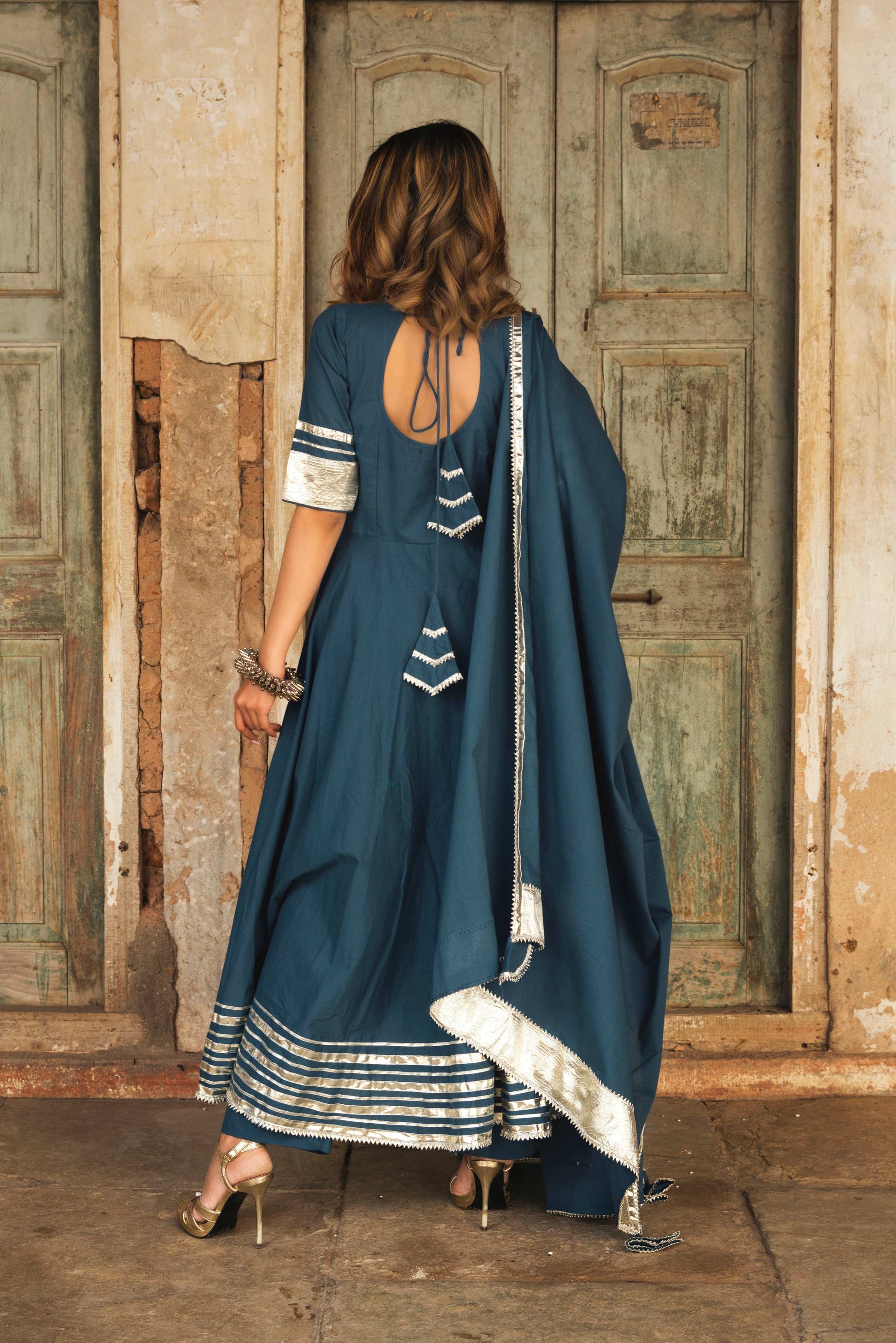 Pomcha Jaipur Berry Spary Cotton Blue Anarkali | Swadesiicart