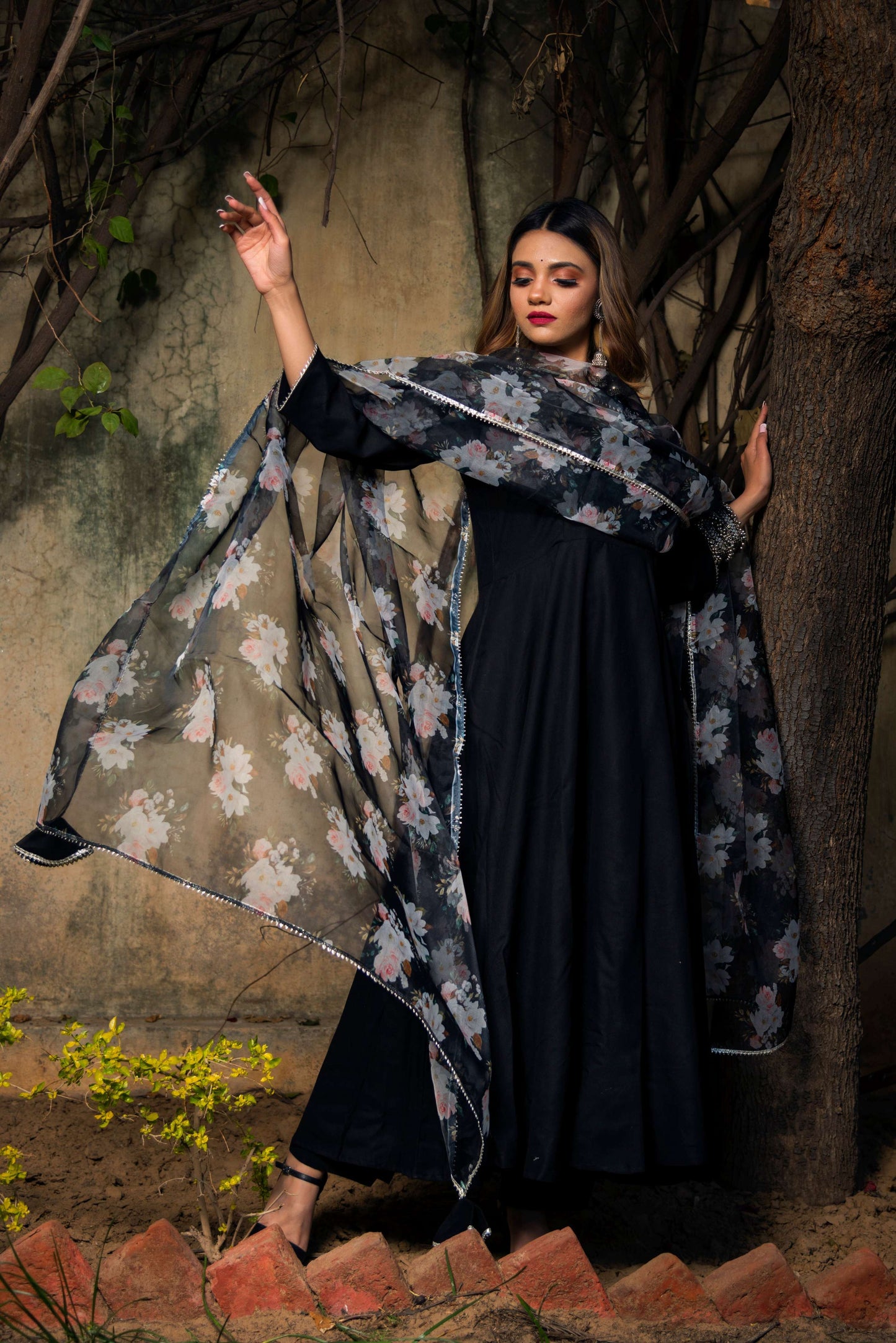 Pomcha Jaipur Tea Leaf Black Rayon Anarkali | Swadesiicart